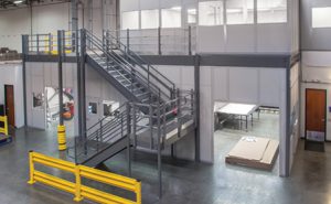 Mezzanine systems being assembled in a warehouse.