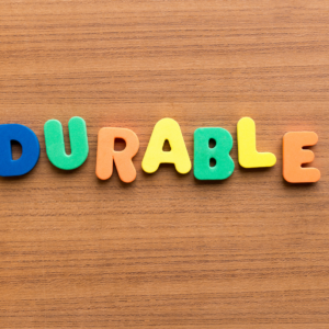 The word "durable" on a desk.