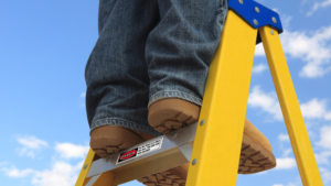 Employee standing on a ladder.