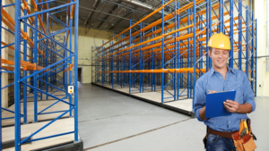 Employee reviewing a racking system.