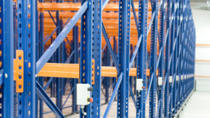 Blue racking shelving in a warehouse.